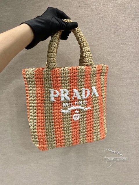 Prada普拉达 1BG422小号拼色纤维托特包 进口拉菲草 复刻