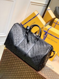 LV M59025黑色压花 Keepall 旅行袋,细腻牛皮革Monogram图案
