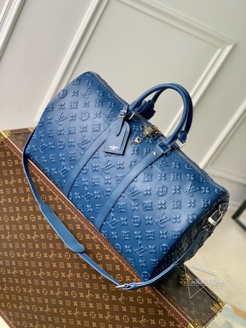 LV M21375 蓝色 Keepall Bandoulière 50 旅行袋，皮革材质