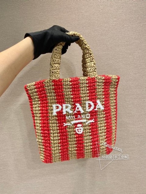 Prada普拉达 1BG422 小号拼色托特包 纤维材质 进口拉菲草 一比一