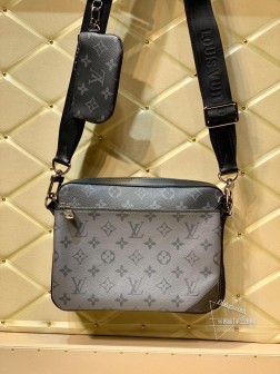 LV M69443 男士三件套斜挎包 小号手袋 黑花银花拼色