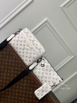 LV M24754 Trio 邮差包 Monogram Shadow 牛皮革,白灰色