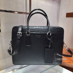Prada 2VE368D Saffiano皮革 双提手 鳄鱼皮饰边 高仿 代购
