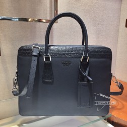 Prada 2VE368D Saffiano皮革 鳄鱼皮饰边 双提手 顶级A货 一比一