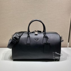 Prada 2VC018 黑色旅行包 Saffiano皮革 环绕拉链 尼龙肩带 复刻