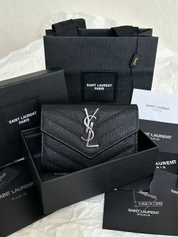 YSL 荔枝纹黑银翻盖信封钱包卡包零钱包 经典款