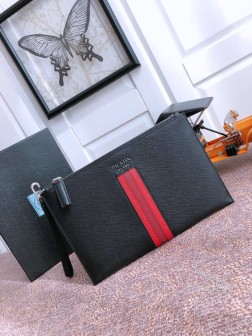 Prada普拉达 2NG005黑枣红 爆款 男士十字纹牛皮包 代购