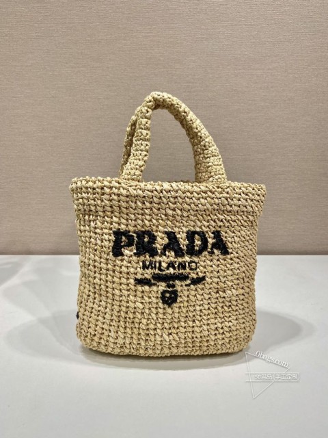 Prada普拉达 1BG422 小号纤维托特包 进口拉菲草手工编织 尺寸
