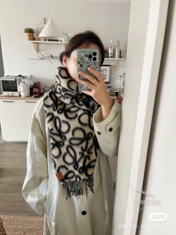 原版打版,历时一个月终于出大货啦 11复刻 2023年爆款到货!Loewe罗意威新品羊毛马海毛围巾 初秋奶茶女孩老钱风超嗲穿搭,初秋和奶茶色真的好搭大地色温柔又耐看,超高颜值,梦幻配色 羊毛+马海毛,两端带有流苏,面料超级舒适。牛皮革 logo压纹贴片
