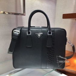 Prada 2VE011D Saffiano皮革 鳄鱼皮边 拋光不锈钢 配件 复刻