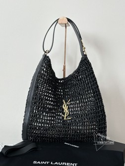 YSL oxalis拉菲草编织肩背包 黑色 休闲风格 单肩包