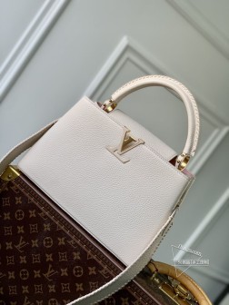 LV M21127 Capucines 中号手袋 鳄鱼皮 珍珠白 编织金扣