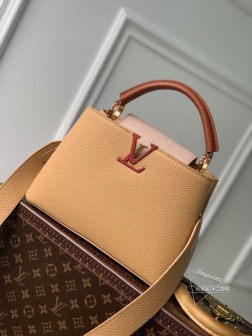 LV 【独家实拍 型号M20748棕黄拼 小号】 Capucines BB手袋 法国进口小牛皮Monogram Flower图案