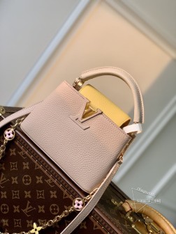 LV 【独家实拍 M22375杏包 迷你 】 Capucines 迷你手袋金属 Monogram花卉链条