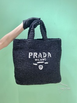 Prada普拉达 1BG408 黑色纤维托特包 进口拉菲草手工编织 高仿