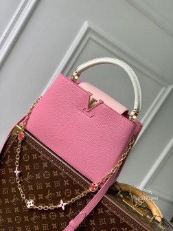 LV M22375 Capucines 中号手袋，粉色，金属 Monogram 花卉，高仿