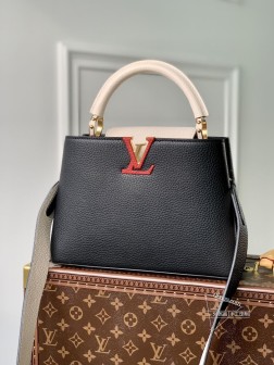 LV 【独家实拍 型号M21043小号】 Capucines BB手袋 法国进口小牛皮,闪亮的金属饰件,特有的Capucines搭盖既可收入包内展示字母标识,又可外翻 呈现Monogram Flower图案 size27 x 18 x 9cm