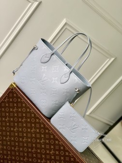 LV M45685 全皮压花蓝 Neverfull 中号购物袋 复古细节