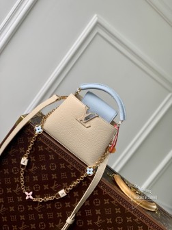 LV Capucines M23950蓝编链迷你手袋,Lovelock链条,手绘Monogram