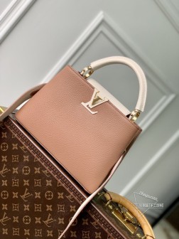 LV 【独家实拍M21296浅灰拼 小号】 Capucines BB手袋 法国进口小牛皮Capucines搭盖Monogram Flower图案