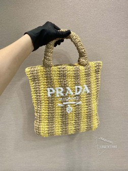 Prada普拉达 1BG422 小号拼色纤维托特包 拉菲草手工编织 代购
