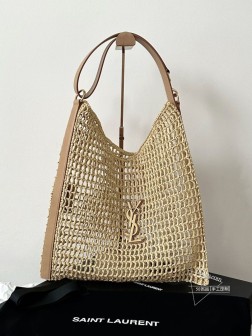 YSL oxalis拉菲草编织肩背包 棕色 单肩包