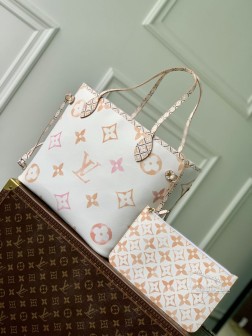 LV M22978 Neverfull 中号手袋 杏色 帆布 Giant Monogram