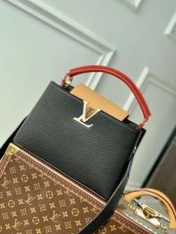 LV M20704黑棕拼 Capucines MM手袋 中号 小牛皮 金属饰件