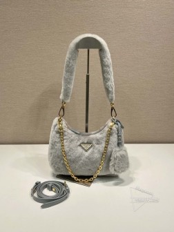 Prada普拉达 1BC204 Hobo毛毛包 进口山羊毛 拆卸肩带 高仿