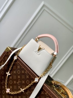 LV M20708白粉Capucines迷你手袋金属Monogram花卉链条 改头换面