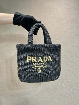Prada普拉达 1BG422 小号纤维托特包 进口拉菲草手工编织 复刻