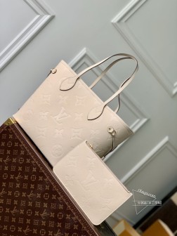 LV M46676 米白 Neverfull 中号购物袋 Monogram Empreinte 皮革