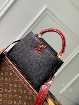 LV M91697 Capucines 酒红小号手袋 黑配鳄鱼纹 小牛皮
