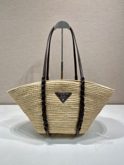 Prada普拉达 1BG312 菜篮子 手工编织与牛皮 复合材质 超大容量 图片