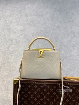 LV M59883 Capucines 小号手袋 全粒面Taurillon皮革 奶白拼黄