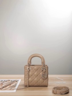 迪奥 饼干色Lady Dior三格小羊皮手袋集中体现了 Dior 对典雅和美丽的深刻洞见。结合精致端庄的气质与时髦现代的风范，是经久不衰的经典单品。饰以浅金色饰面的标志性金属“D.I.O.R.”吊饰，为精美的轮廓增添一分灵动，搭配可调节皮肩带可拆卸金属链条肩带。Size：17x15x7cm