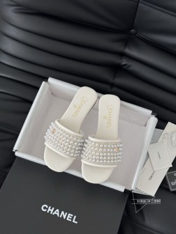 Chanel 25K高级手工坊珍珠系列拖鞋一如既往的高版本 经典系列鞋面羊皮 内里羊皮 真皮大底Si 120