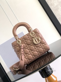 DIOR 这款 Lady Dior Dior 手袋集中体现了 Dior 对优雅和美丽的深刻洞见。采用黑色羊皮革精心制作，以藤格纹缉面线打造醒目的绗缝细节，时髦典雅的设计经久不衰。缀有浅金色饰面金属 D.I.O.R. 吊饰，彰显优雅气质。小号款式，设计别致，肩带可饰以徽章彰显个性，可手提或斜挎。可调节的宽肩带包含三枚徽章，可打造个性造型。总共可搭配六枚徽章装饰。内部拉链口袋可随心搭配其他 Dior 刺绣肩带内含防尘袋意大利制造尺寸：20 x 17 x 8 厘米（长 x 高 x 宽）型号M0538藕