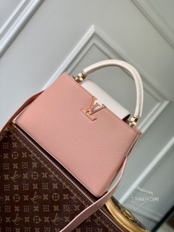 LV 21166 粉色 Capucines 中号手袋，Taurillon 皮革，蟒蛇皮革翻盖和手柄