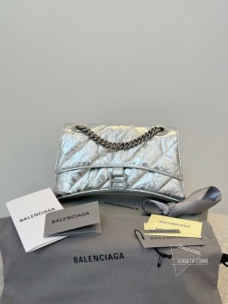 Balenciaga Crush链条包小号 银色油蜡爆裂皮纹