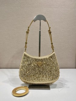 Prada普拉达 1BC169 满天星腋下包 2023年金色Cleo 缎面水晶手袋 尺寸